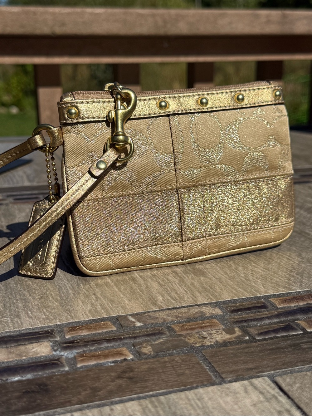 EUC Coach Signature Stripe Gold Metallic Studded Lurex Wristlet